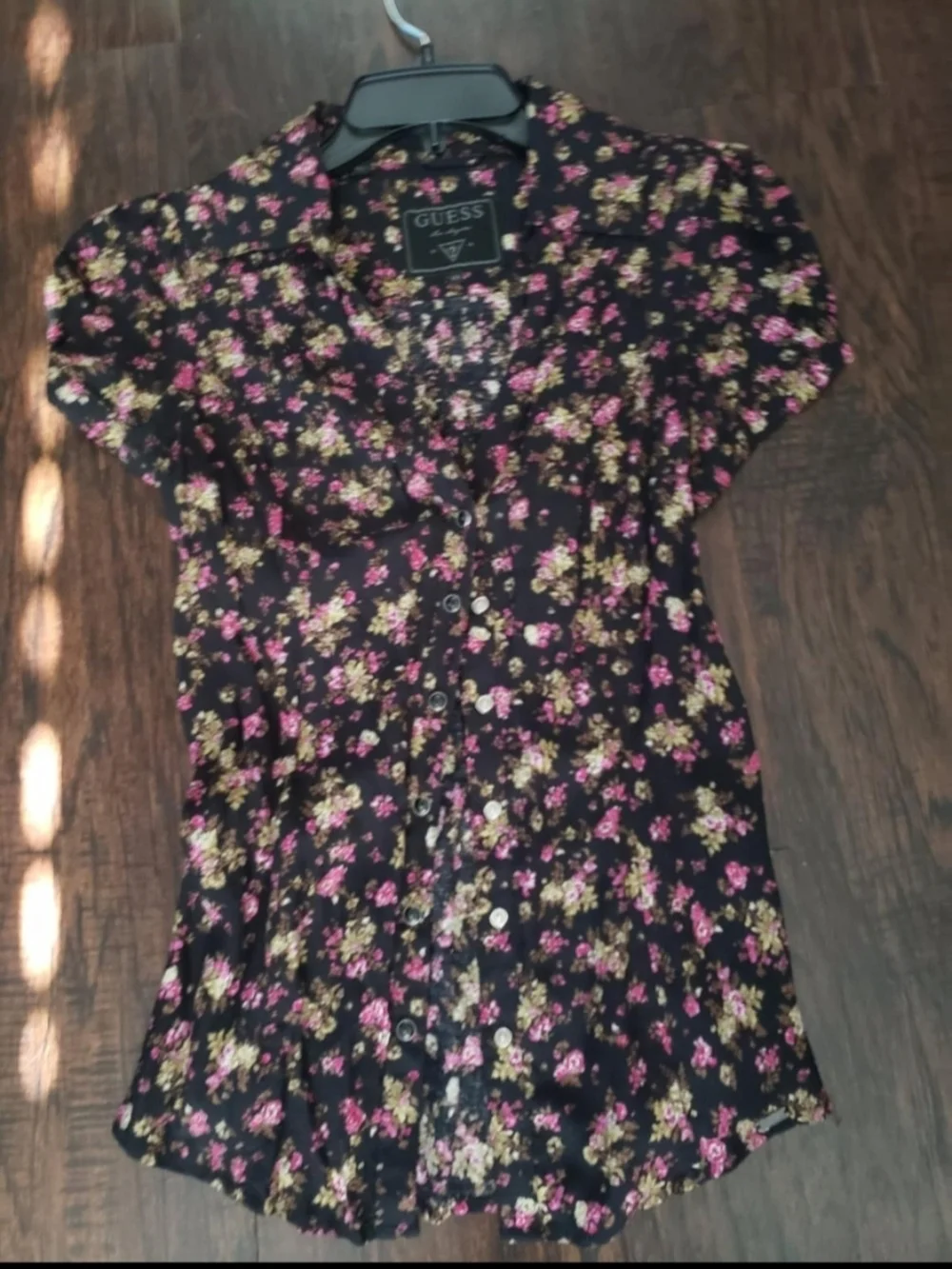 GUESS Black Floral Blouse with Black And  Pink Flowers - Picture 2 of 5